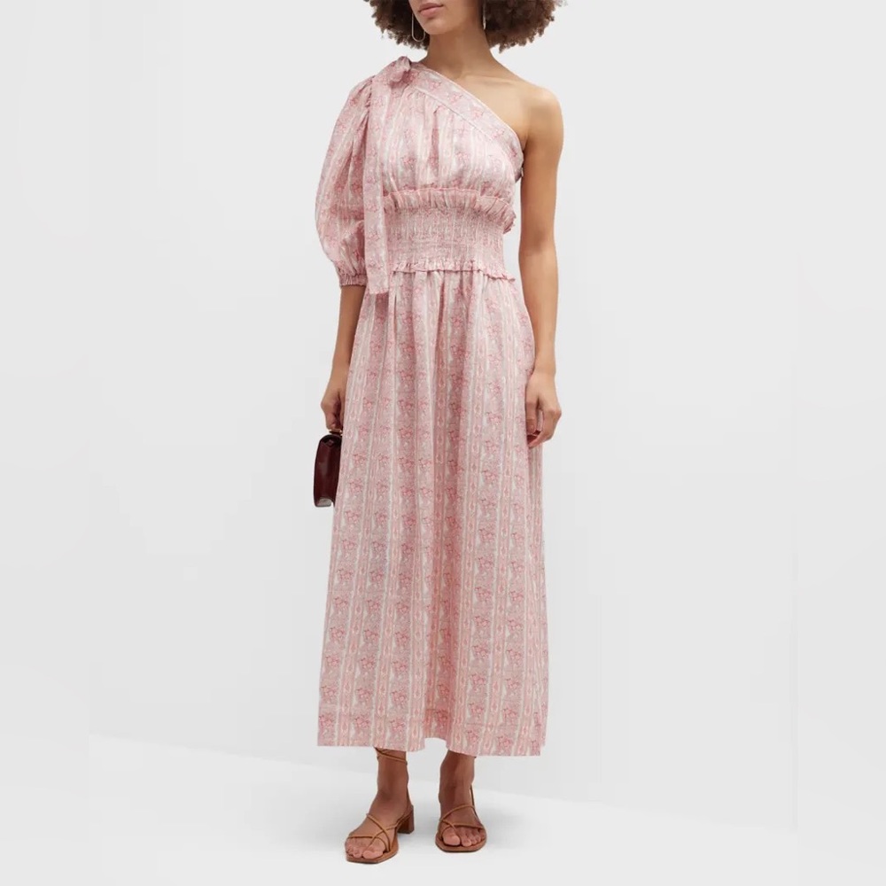 NWT Lug Von Siga Glory Linen One-Shoulder Smocked Waist Midi Dress